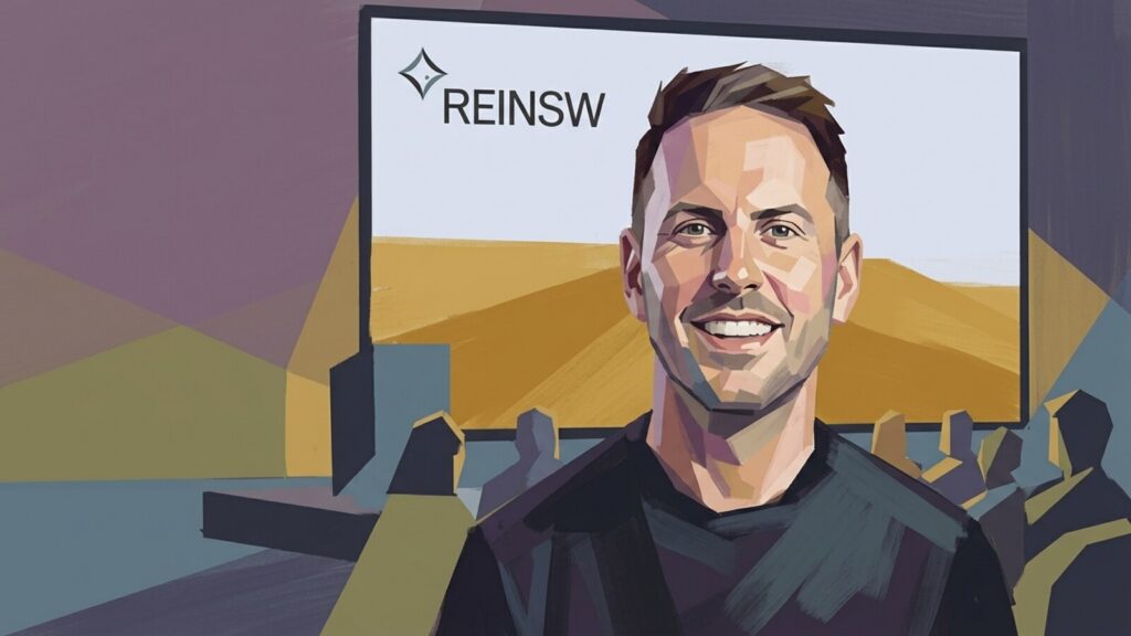 Editorial-style illustrated portrait of Michael Nitschke speaking at a leadership keynote, painted cubist style, muted purple/ochre/slate palette